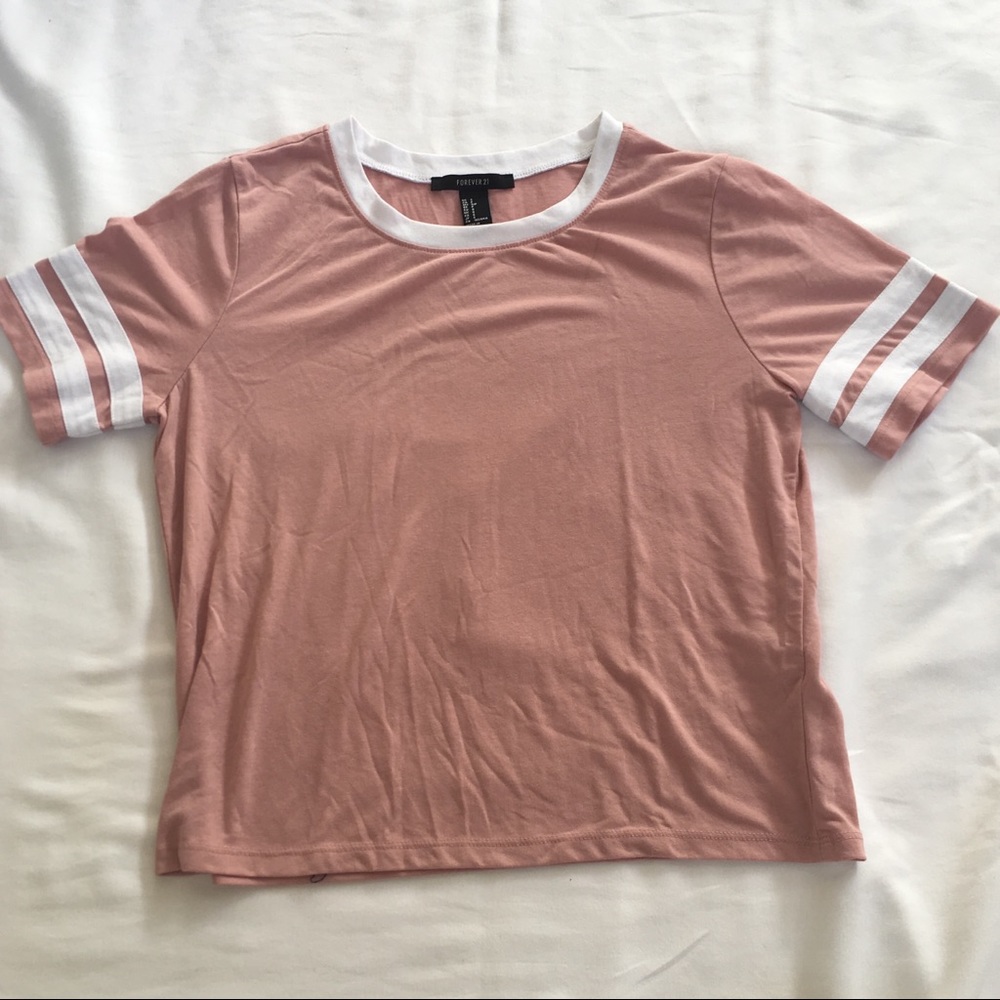 Blush pink tee with stripes on sleeves